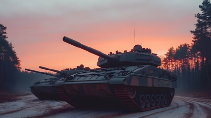 Tanks at sunset, forest background, military power