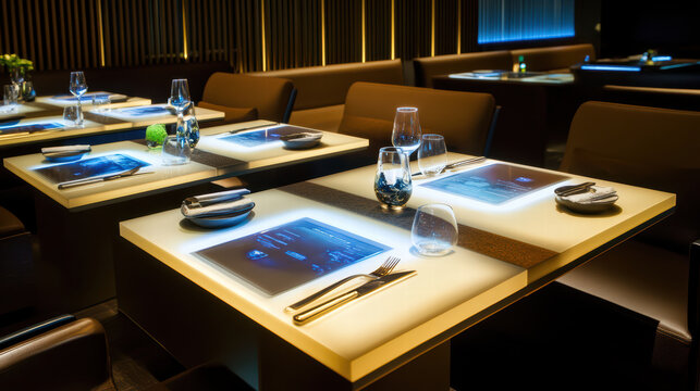 Modern dining room with interactive smart tables, elegant table settings, and ambient lighting creating sophisticated atmosphere