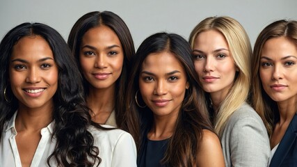 Obraz premium International Women's Day, diverse group of confident women smiling together, symbolizing empowerment, unity, and leadership..