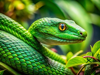 Obraz premium Vibrant Green Snake Close-Up in Lush Tropical Foliage - Stock Photo