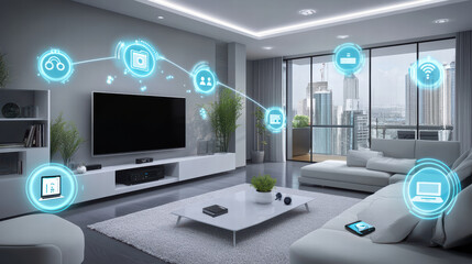 Modern living room with smart TV, streaming devices, and city view. space features sleek design, comfortable furniture, and digital connectivity icons, creating tech savvy atmosphere