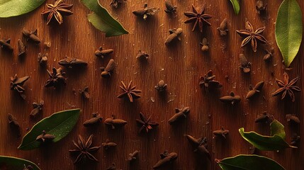 Obraz premium Aromatic Spices on Wood Star Anise, Cloves, Bay Leaves. Food blog, recipe background