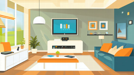 Modern living space with smart air quality monitors, featuring stylish sofa, coffee table, and entertainment center. room is bright and inviting, showcasing blend of comfort and technology