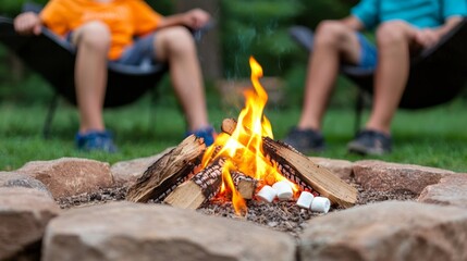 Campfire Tales: Friends Enjoying Nature Exploration, Roasting Marshmallows, and Sharing Stories in Forest Clearing