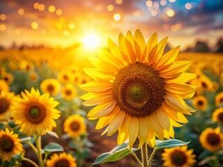 Obraz premium Vibrant Sunflower Field in Summer Sunlight - Bokeh Effect Stock Photo