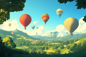 Fototapeta premium Colorful hot air balloons float over a lush landscape scene