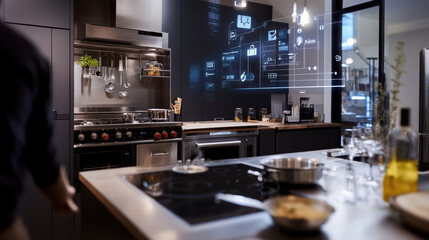 modern kitchen featuring IoT devices, smart appliances, and sleek design. space is equipped with advanced technology for cooking and food preparation, creating connected cooking experience