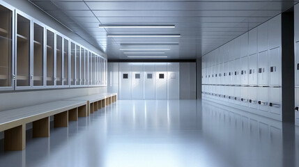 Obraz premium Spacious locker room with metallic lockers and reflective flooring 