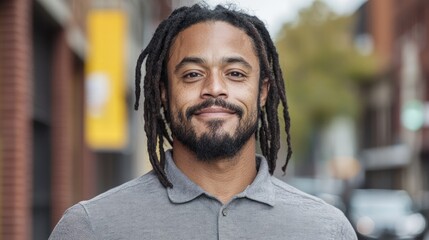 Fototapeta premium Smiling man, city street, portrait, urban background, profile
