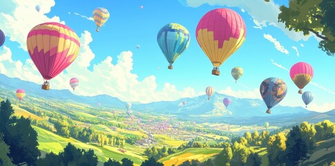 Many colorful hot air balloons float over scenic landscape