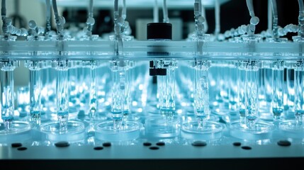 Rows of transparent laboratory equipment glowing with blue light, showcasing a sterile and high tech environment for scientific experiments and research in a modern lab