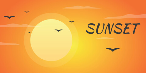 Sunset sky birds and clouds. Background. Vector