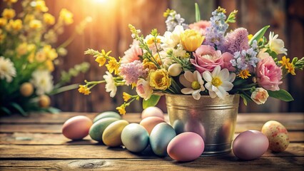 Vintage Easter Bouquet with Colorful Eggs - Spring Floral Still Life Photography