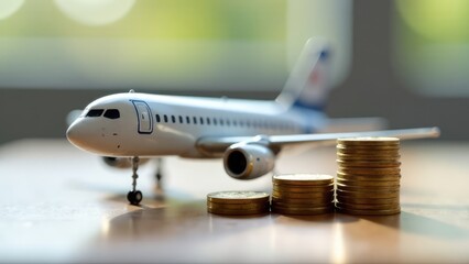 A miniature airplane is positioned near stacks of coins on a glossy surface. Concept of financing air travel.
