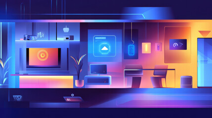 Fototapeta premium modern smart home interior featuring IoT gadgets, vibrant colors, and sleek design elements. space showcases advanced technology integration for seamless living experience