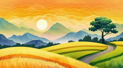 Obraz premium Delight in vibrant yellow mustard fields at sunset, a perfect watercolor tribute to the spirit of Vasant Panchami.