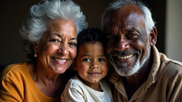 A smiling African-American child with his loving grandparents. Concept of: Generational love.
