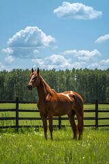 Majestic Brown Horse in a Lush Green Pasture Under Clear Blue Sky Near Wooden Fence