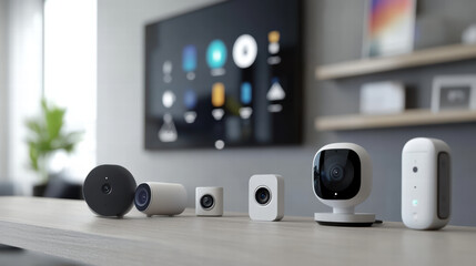 Smart home security system featuring various cameras and sensors, showcasing modern technology for enhanced safety and surveillance in stylish living space