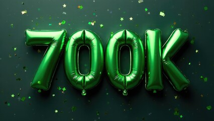 Green balloon letters spelling out "700K" against a matching green background with scattered confetti.
Concept of achievement.