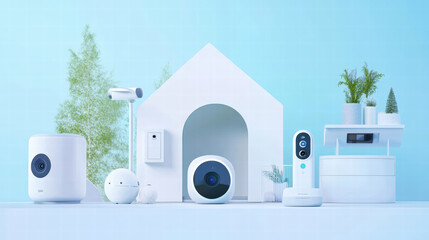 Smart home security system featuring cameras and sensors in modern setting. devices are arranged around minimalist house design, showcasing advanced technology for home safety
