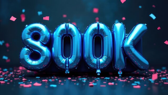 Blue metallic balloons spelling out "800K" are highlighted against a dark background filled with festive confetti. Concept of: Significant digital success.