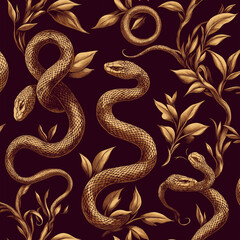 Obraz premium Schlangen und Blätter im elegantem goldenen Design auf dunkelrotem Hintergrund