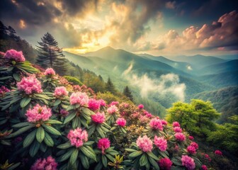 Obraz premium Vintage Smoky Mountains Rhododendron Bloom, Appalachian Wildflower Photography
