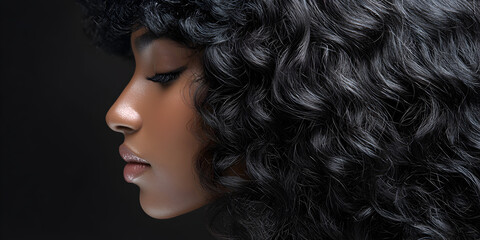 Fototapeta premium Elegant Portrait of a Curly Haired Woman with Black Hair and Smooth Skin in Dramatic Lighting: A Profile Showcase of Natural Beauty, Confidence, and Sophisticated Fashion