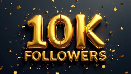 Golden "10K FOLLOWERS" balloons stand out against a dark backdrop filled with shimmering confetti.
Concept of: Initial success.