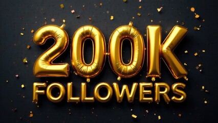A celebratory display of golden balloons spelling out "200K FOLLOWERS" against a dark backdrop adorned with confetti. Concept of: Social media milestone.