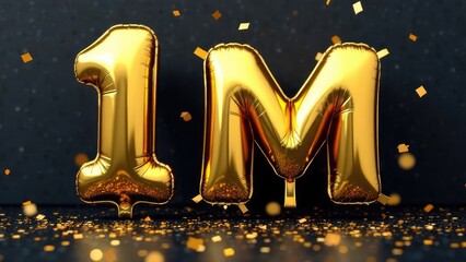 Golden "1M" balloons shine amidst falling confetti, symbolizing a significant milestone. Concept of: Million celebration.
