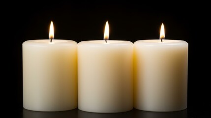Three white candles flicker softly, their warm glow contrasting against a dark backdrop for a serene ambiance.