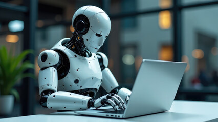 Fototapeta premium A humanoid robot types on a laptop in a modern office setting. Concept of: AI integration.