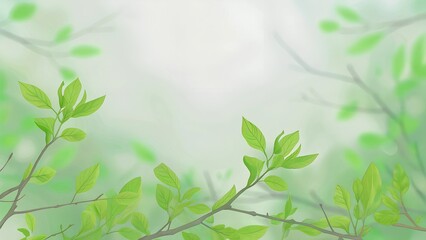 Fototapeta premium Minimalistic illustration of green leaves on branches with soft blurred background