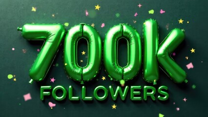 Green "700K Followers" balloons with confetti on a dark green backdrop. Concept of vibrant online community.