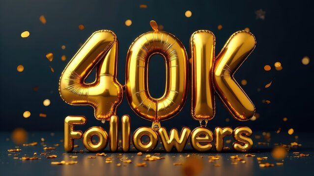 Golden "40K Followers" balloons and confetti scattered on a surface. Concept of online community growth.