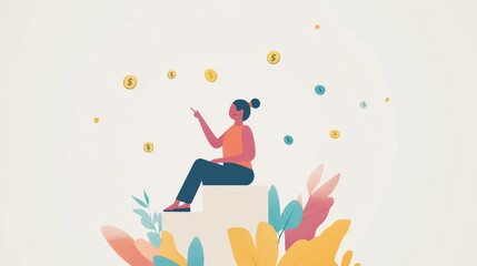 Fototapeta premium an animated person sitting on top of an upward-trending arrow, with floating coins around them, symbolizing business or project growth. 