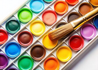 Watercolor Paints and Brush on White Background - Artistic Supplies Stock Photo