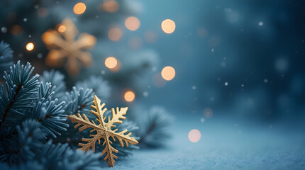Winter Holiday Background: Golden Snowflake Ornaments on Snowy Evergreen Branch with Bokeh Lights - Festive Christmas & New Year Season Decor