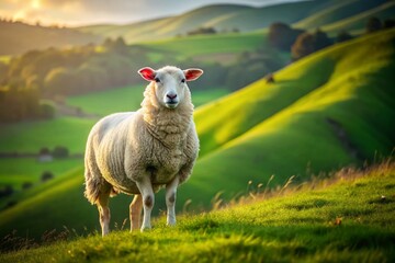 Fototapeta premium White Sheep Breeding in Lush Green Pasture - Farm Animal Stock Photo
