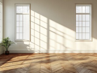 Sunlight Streams Through Windows in Room with Hardwood Floor