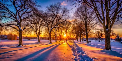 Winter Sunset Park:  Golden Hour Glow in Frosty Landscape