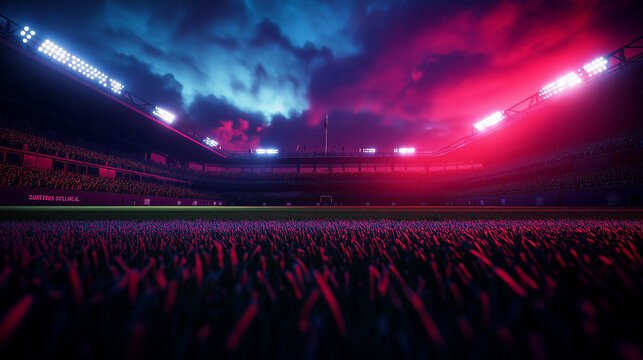 Dramatische american football Stadionaufnahme mit leidenschaftlichen Fans und buntem Himmel

