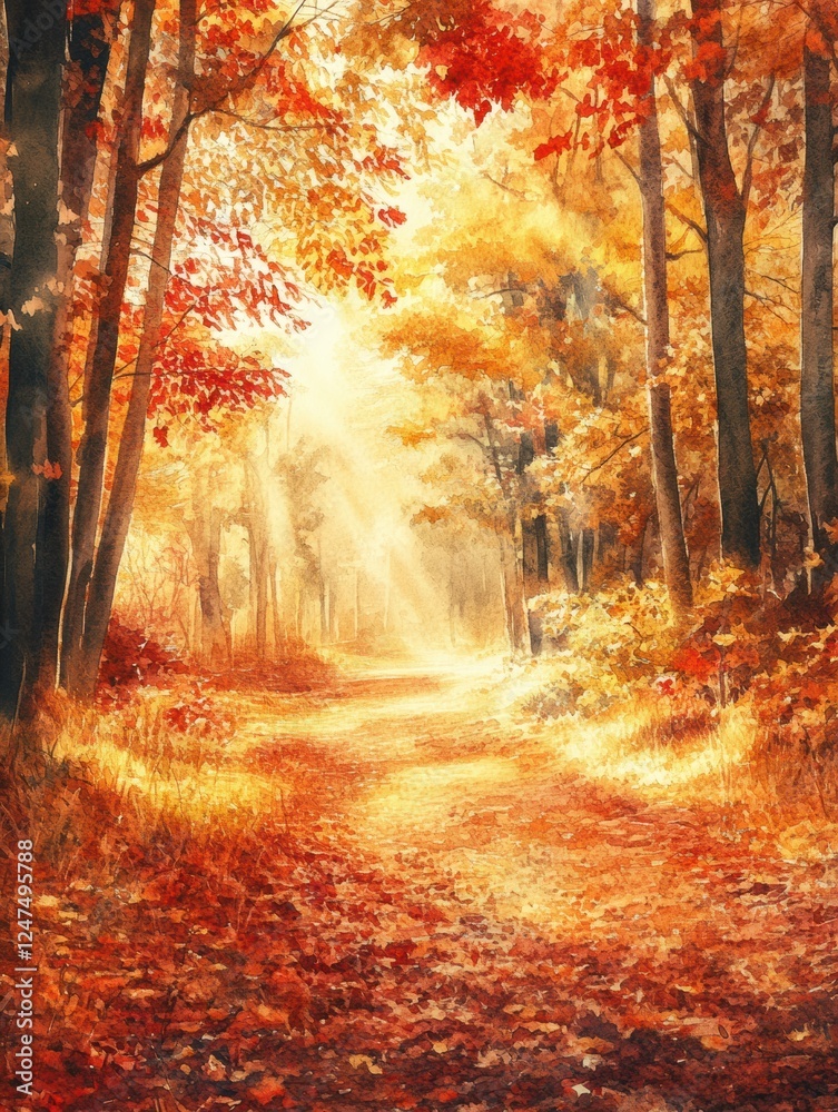 Poster Autumn forest path with vibrant colors and sunlight filtering through trees in a serene landscape setting. Generative AI