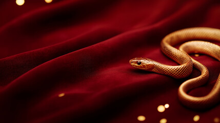 Obraz premium Elegante Schlange auf rotem Samt mit goldenen Glanzlichtern