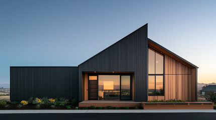 Obraz premium Modern A-Frame House with Large Windows and Warm Evening Lighting in Tranquil Landscape