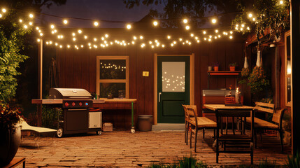cozy outdoor patio with string lights, grill, and wooden furniture creates warm atmosphere for gatherings. Perfect for evening barbecues and socializing