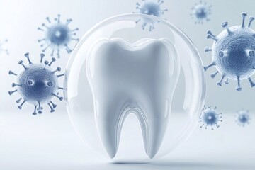 Representation of dental health and oral hygiene with tooth surrounded by bacteria in a conceptual design