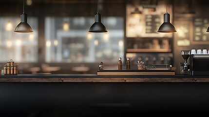 Industrial-modern cashier counter, matte black steel with wood inserts, blurred background of a trendy cafe, dim lighting with focused highlights for a moody vibe, the mood is edgy and stylish